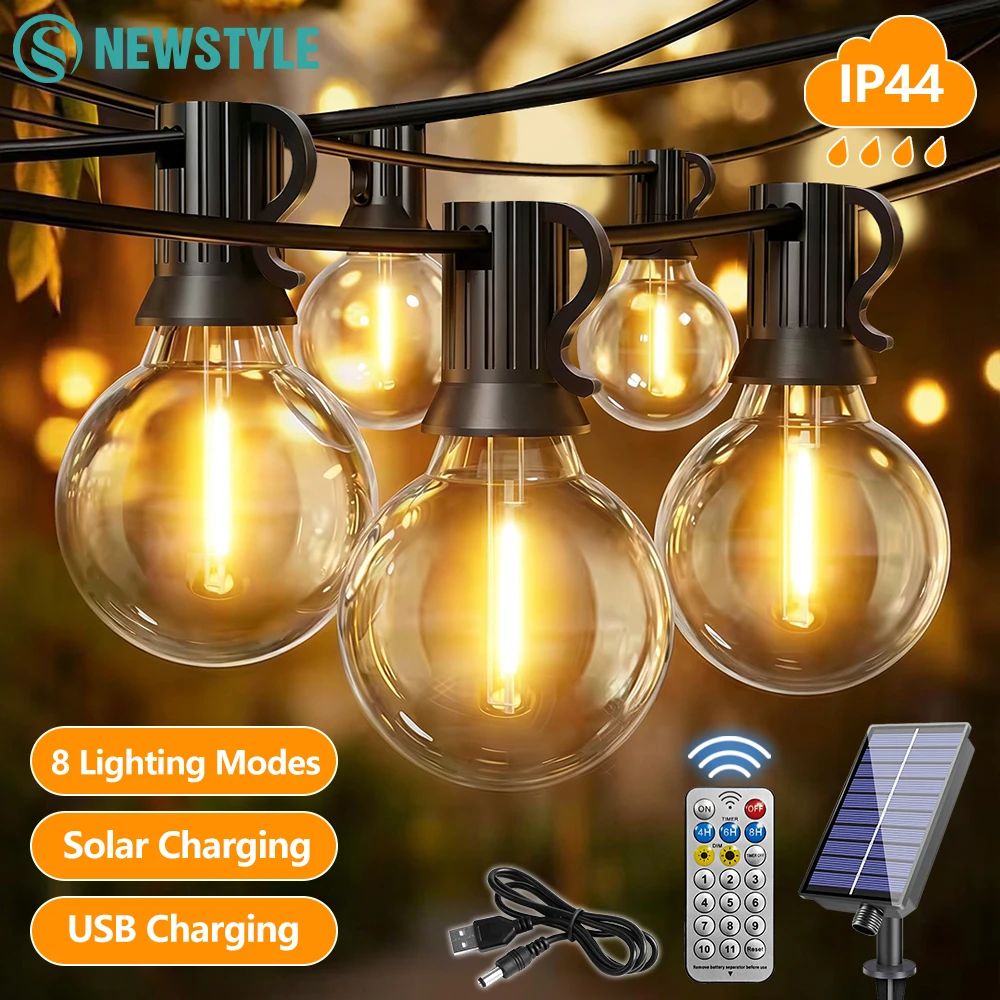 G40 Solar-Lichterkette für den Außenbereich, wasserdicht, mit Fernbedienung, 8 Beleuchtungsmodi, bruchsichere LED-Kugelbirne, energiesparend, umweltfreundlich, Solar-Lichterkette für den Außenbereich, USB-Aufladung für den Innenbereich, Solar-Terrassenbeleuchtung für Garten, Hof, Veranda, Hochzeit, Party, Dekoration