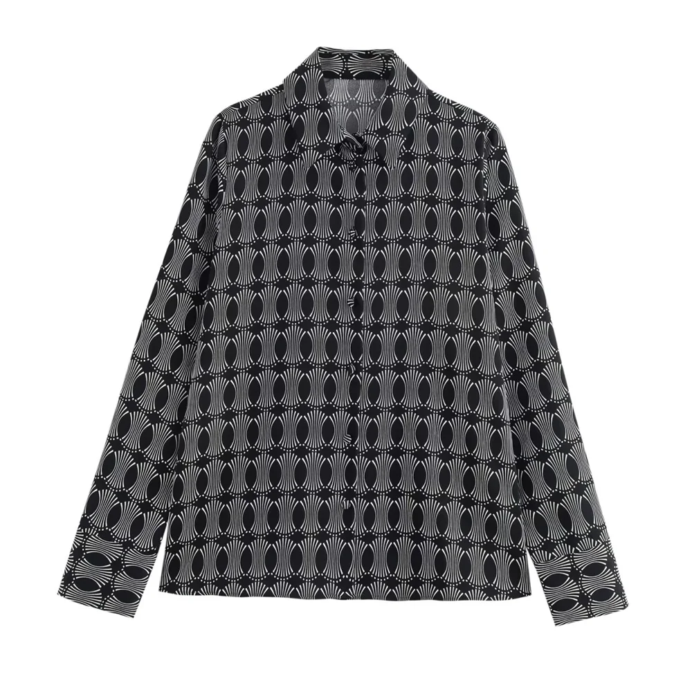 

PB&ZA Autumn 2024 New Women's Fashion and Casual Versatile Flip Collar Long Sleeve Loose Printed Shirt