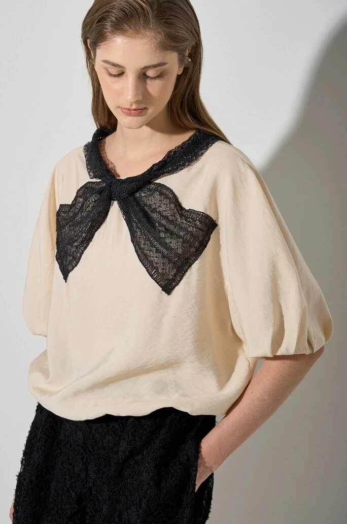 

Faionable Lace Collar Design Elastic Waist Loose ort Sve irt Simple Sle Korean Single L*NVN Spring Summer Top
