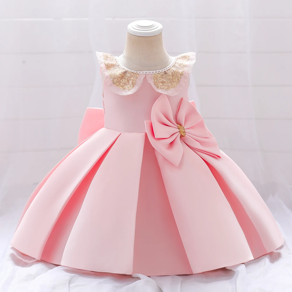 Toddler White Wedding Satin Princess Baby Girl Dress Bow 1 Year Birthday Evening Party Newborn Christening Dress for Girl Clothe