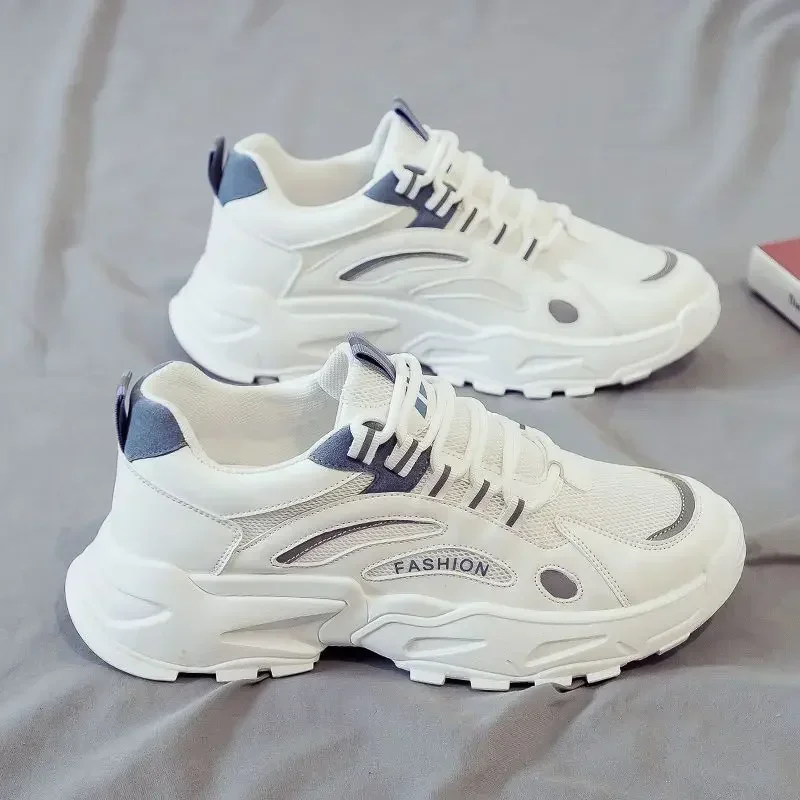 Men's Shoes  Breathable Mesh Korean Version White Lace Up Thick Sole Lightweight Comfort Wear-resisting Running Shoes 2025