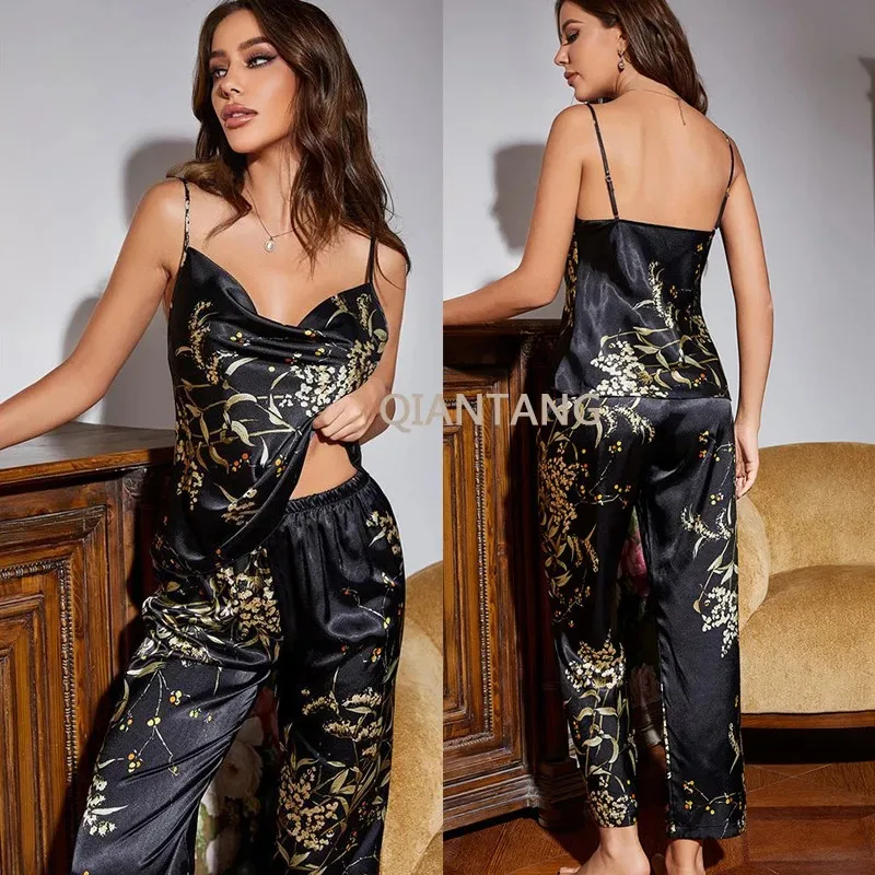 

Print Suspender Pajamas Suit Women Two Piece Pyjamas Set Sexy Sleepwear Intimate Lingerie Summer Silky Rayon Home Clothes d'4o