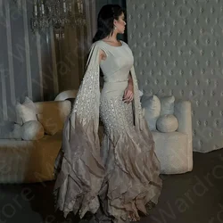 Unique Beading Prom Dresses Luxury Wedding Party Dresses Mermaid Cape Sleeves Round Neck Evening Gowns 2024 Tiered Ruffle Skirt