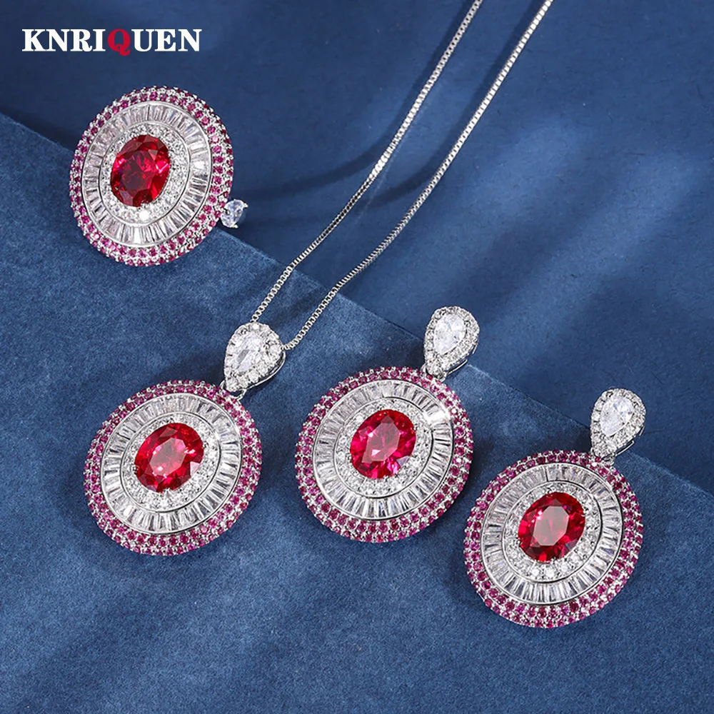 

Vintage 8*10mm Ruby Gemstone Necklace Pendant Ring Earrings Lab Diamond Wedding Party Women Fine Jewelry Sets Anniversary Gift