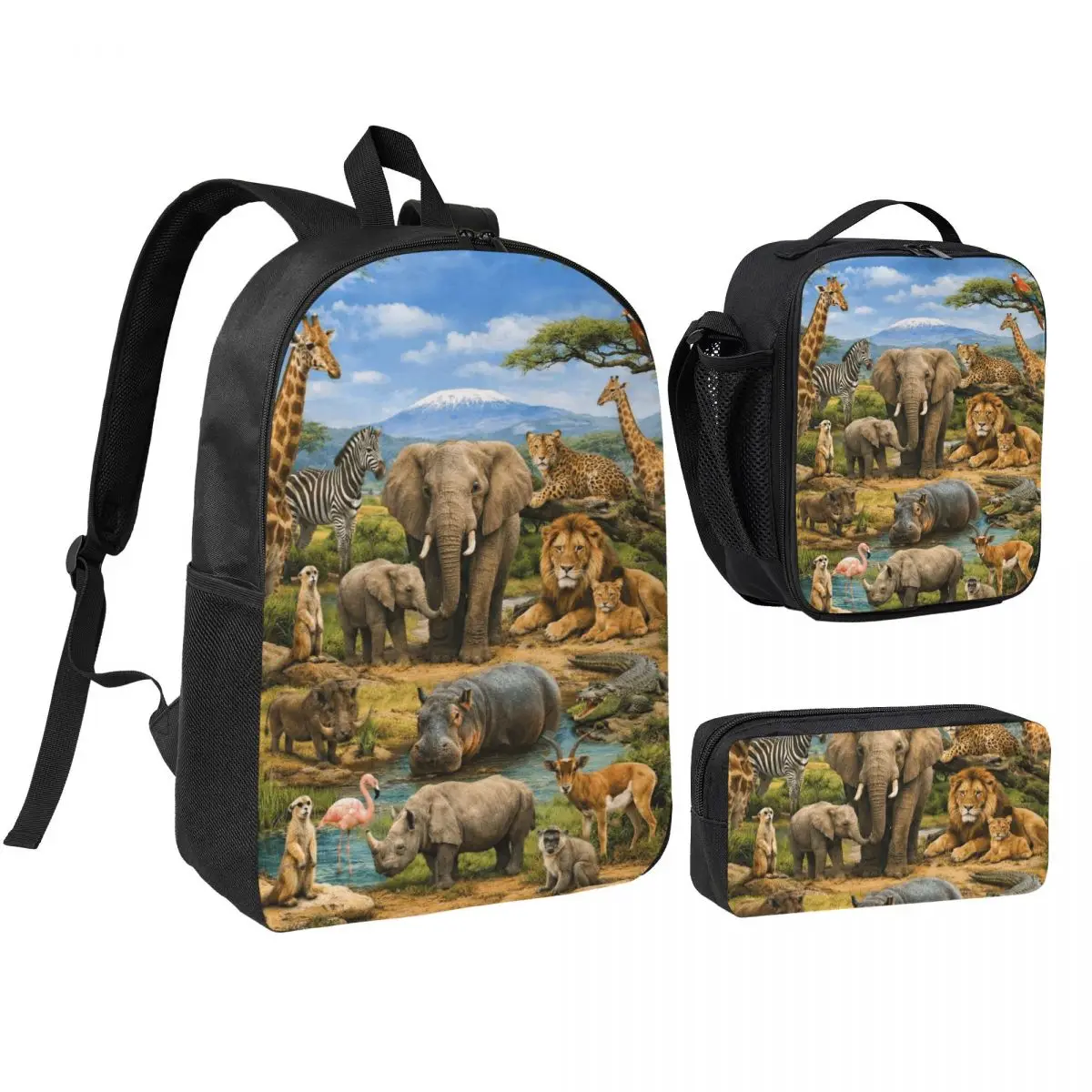 African Savanna Wildlife Theme Backpack Student BookBag School Bag Shoulder Bags 3ps Insulated Lunch Bag Pencil Case