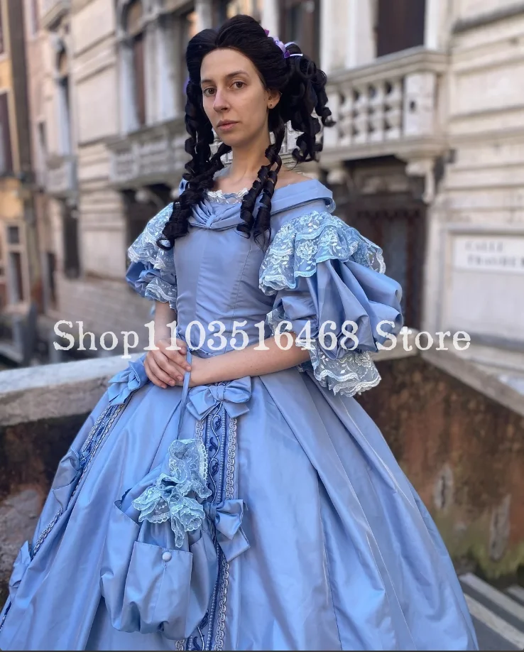 Vestidos de noche victorianos esponjosos azules, corpiño elegante, apliques de lazo de satén, encaje, mascarada Medieval personalizada