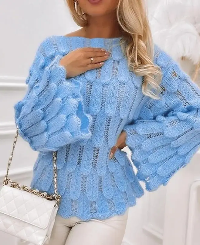 Women\'s Sweater 2023 Spring Fashion Boat Neck Bell Sleeve Hollow-Out Casual Plain Long Sleeve Daily Semi-Sheer Sweater