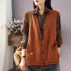 V-Neck Vest Knitted Sweater Women's Oversized Loose Cardigan Top 2024 Autumn New Collection Sleeveless Shirt K2351