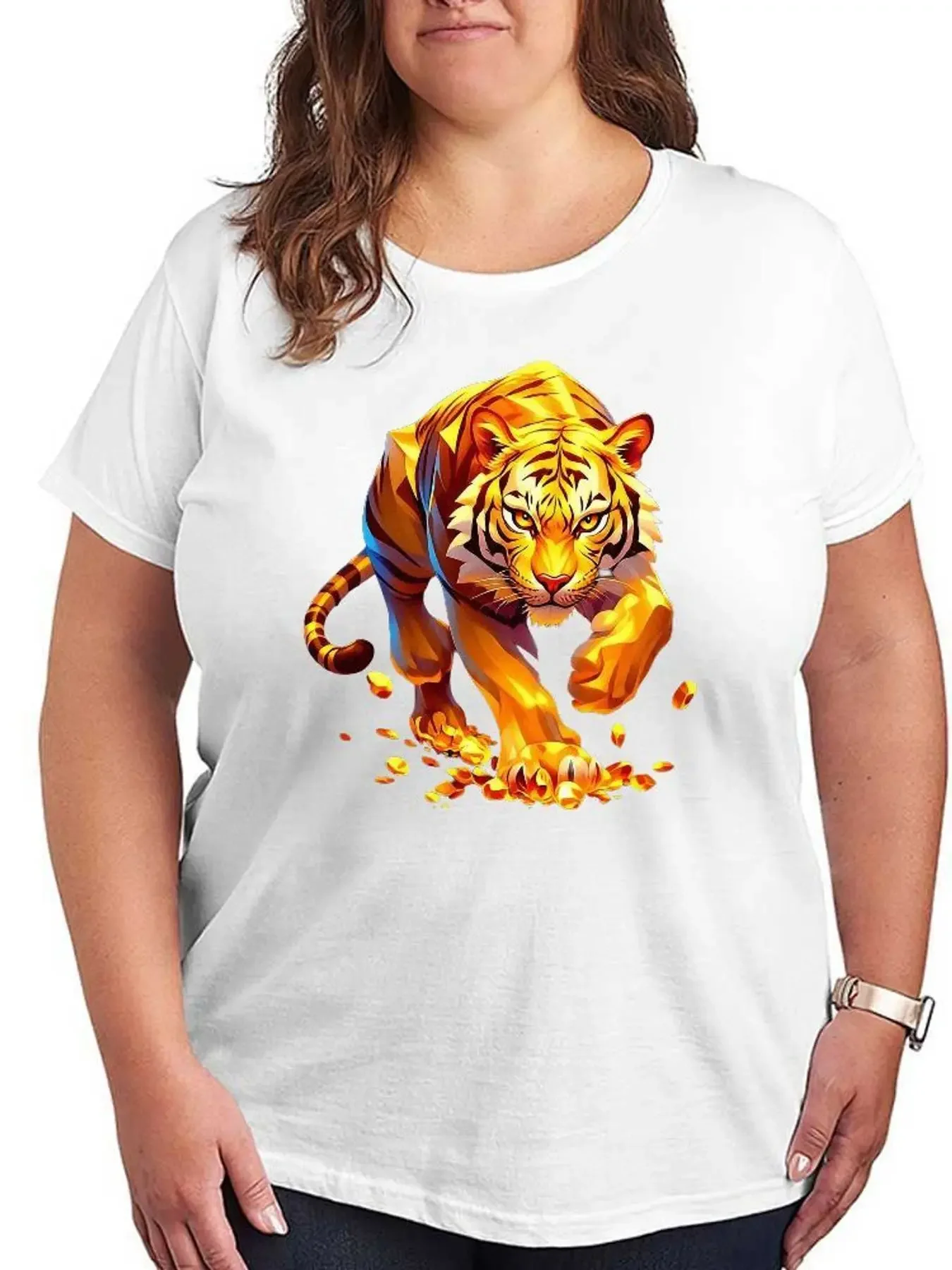 Golden Tiger Graphic T Shirt Women Fashion Casual Short Sleeve Stretchy Tees Plus Size Loose Fit Summer Printed Tops Clothes view 4