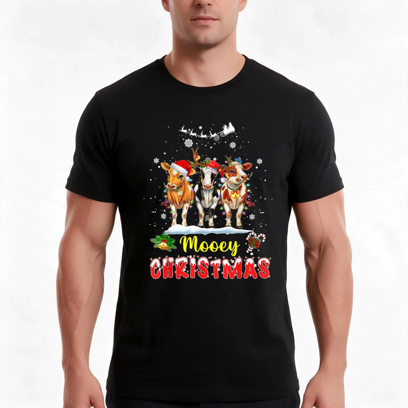 Mooey Christmas Tshirt Highland Cow Xmas Light Santa Hat T-Shirt Summer Casual Cotton Tee Unisex Men Women