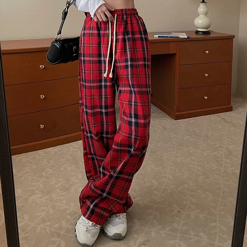 Women High Waist Y2k Loose Straight Leg Pants Lady Korean Harajuku Baggy Wide Leg Trousers Female Casual Grunge Red Plaid Slacks