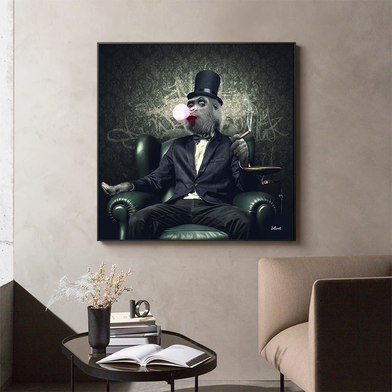 Funny Monkey Smoking A Cigar Bubble Gum Poster Canvas Painting Animal Dog Motorcycle Wall Art Living Room Home Decor Cuadros