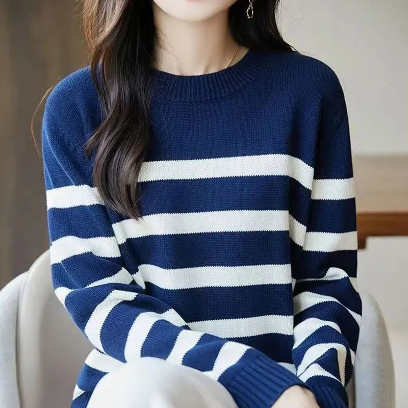 

Contrast Striped Women's Round Neck Sweater 2025 Autumn Winter New Female Pullover Joker Bottoming Loose Knitwear To Wear Top