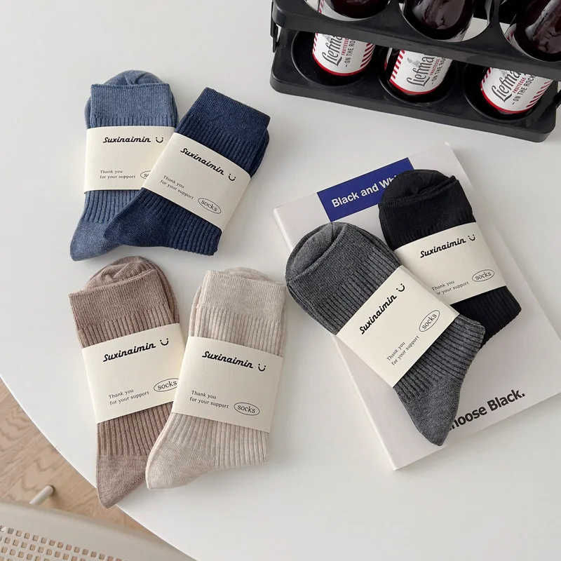 8 Pairs Warm Men's Mid-Calf Socks Set Fall Winter Solid Color Cozy Knit Cotton Socks Fashion Sports Casual Grip Socks Wholesale