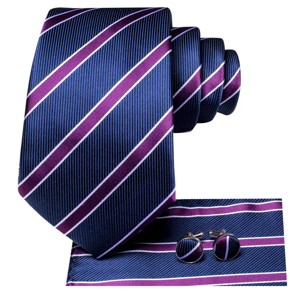 Navy Blue Purple Striped 2022 New Fashion Brand Ties for Men Wedding Party Necktie Set Handky Cufflinks Gift Wholesale Hi-Tie