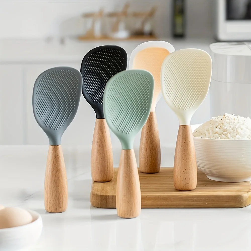 Cuchara vertical antiadherente para arroz: la cabeza de silicona no se pega al arroz, el mango de madera es fácil de agarrar y se puede dejar de pie cuando se ha terminado, lo que lo hace súper conveniente.