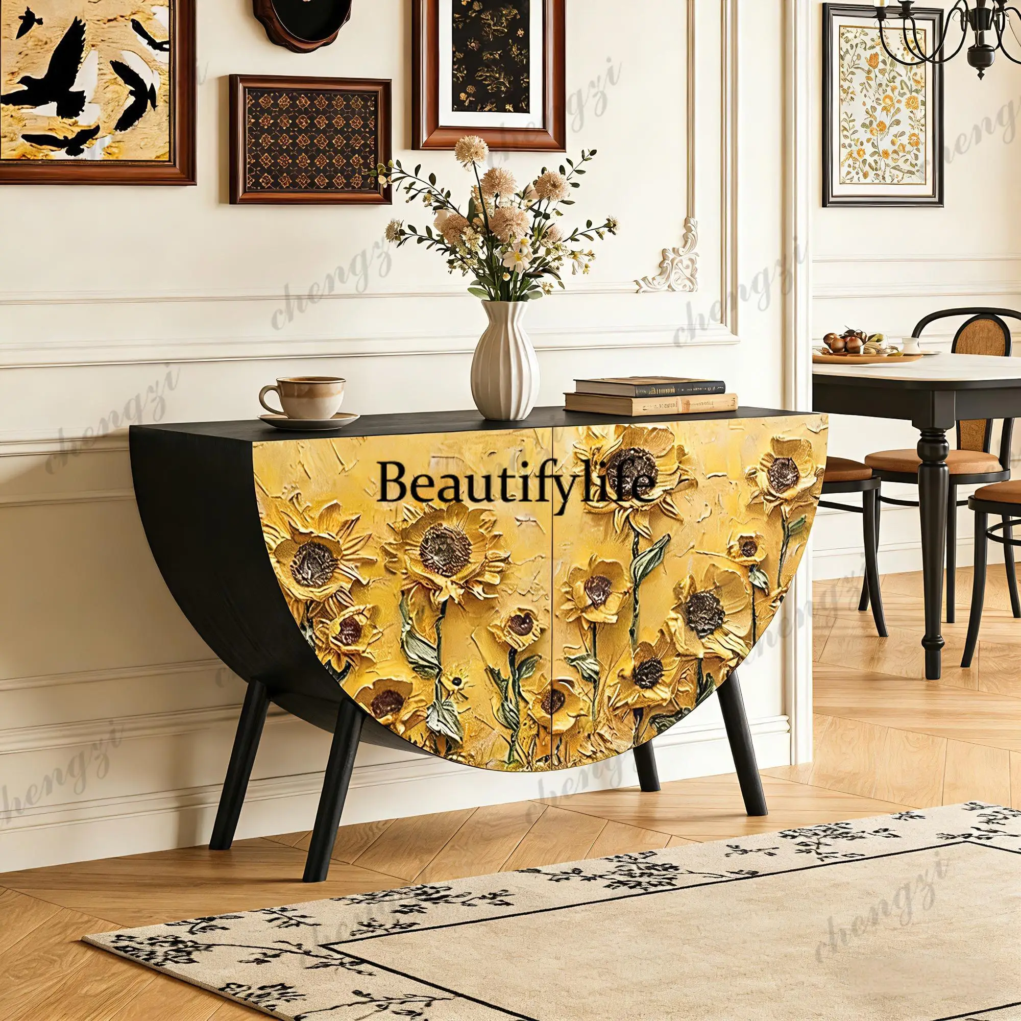 French retro entrance painted sunflower art creative semi-circular cabinet solid wood living room storage