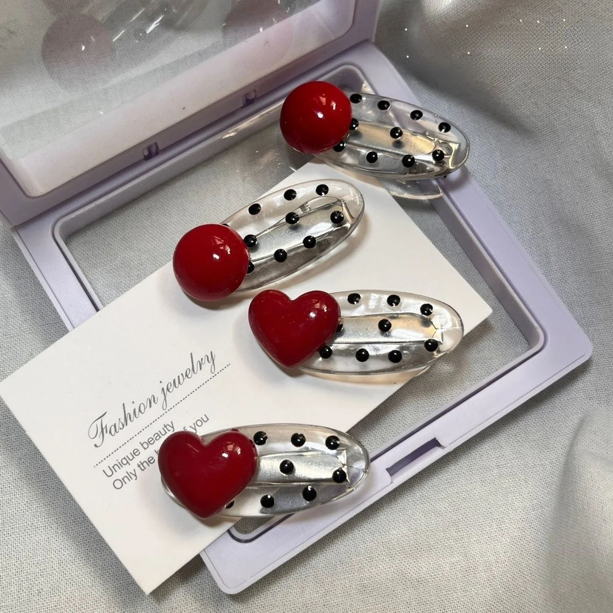

Sweet Girl High Aesthetic Red Imitation Pearl Hair Clip Double Pronged Cute Bla Polka Dot Oval Dubill Clip Ins Sle