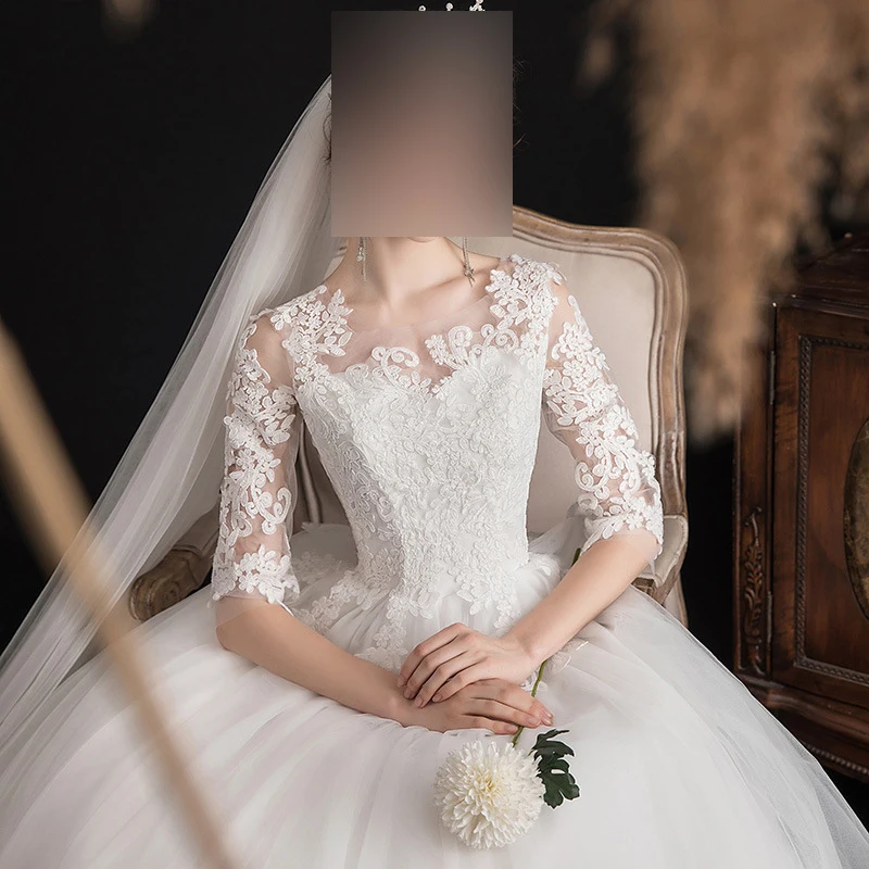 Customized New White Half Sleeves Women Wedding Dresses Ball Gown Lace Tulle Bridal Gowns Formal Vestido De Noiva Robe Mariage