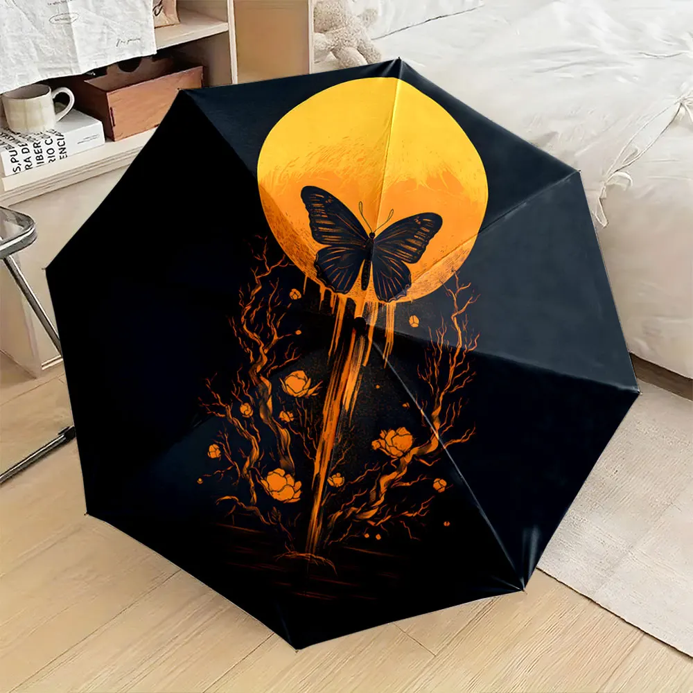 1PC Mystical Butterfly and Blooms on Night Umbrella Design Print 8 Iron Ribs Folding Umbrella Auto-Open Fashion Sunshade