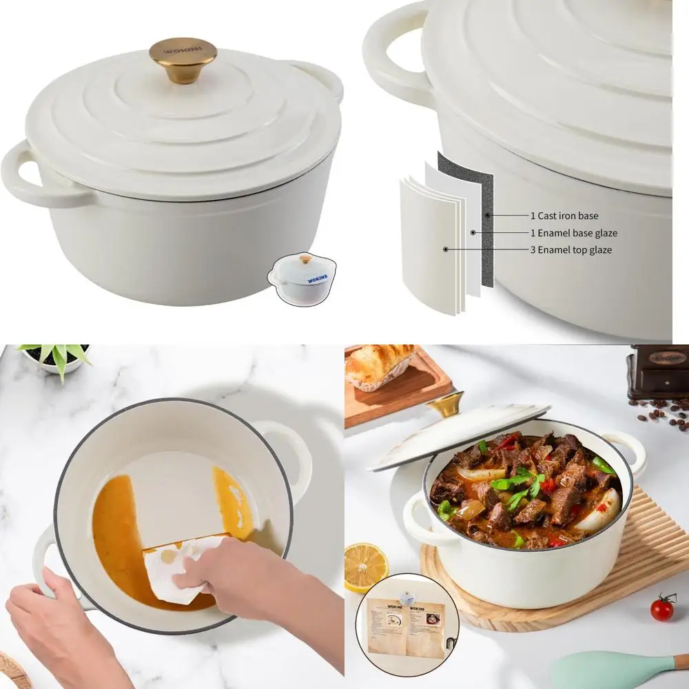 

Heavy-Duty Enamel Cast Iron Dutch Oven Pot with Lid, 5.5 Quart, Creamy White, Ideal for Bread Baking, Braising, Stews, Roasting