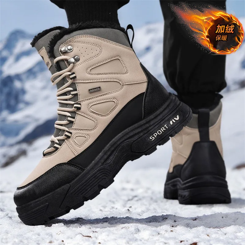 Zimowe męskie buty 2025 Nowe wysokie buty ocieplane bawełną, pluszowe, ciepłe śniegowce, antypoślizgowe buty trekkingowe dla mężczyzn, zimowe wysokie sneakersy