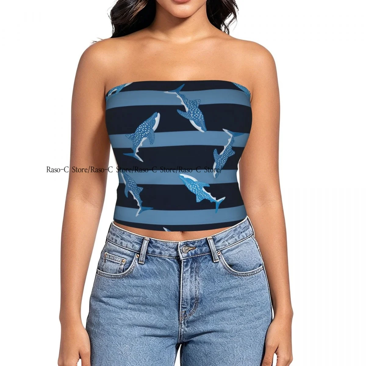 Women Block Crop Slim Tube Top Whale Shark In Scandinavian Strapless Top For Summer Female Clothing