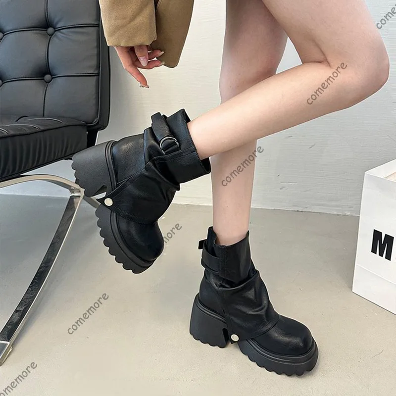 Comemore New Folded Round Head Thick Heel British Style Boot Spring Autumn Chunky Heeled Fashion Shoes Platform Short Booties view 4