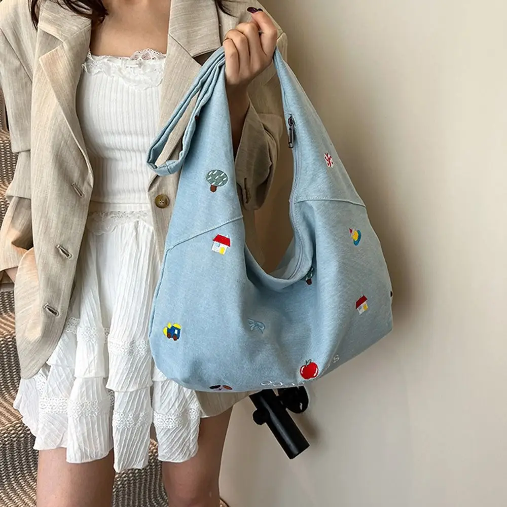 

Commuting Women's Denim Shoulder Bag Large Capacity Sweet Cute Embroidered Tote Bag Casual Korean Style Messenger Bag