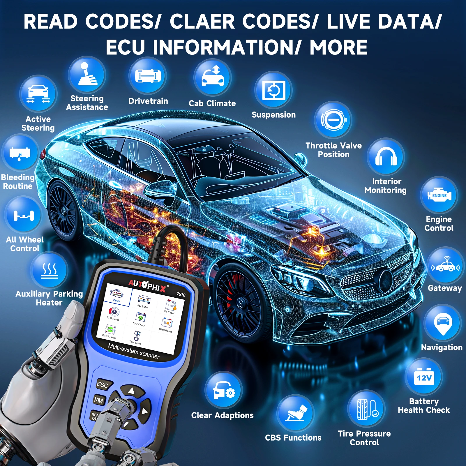 Autophix 7610 escáner OBD2 para VW Audi Skoda todo el sistema lector de código EOBD ABS SRS aceite EPB D.P.F TPMS restablecer herramienta de