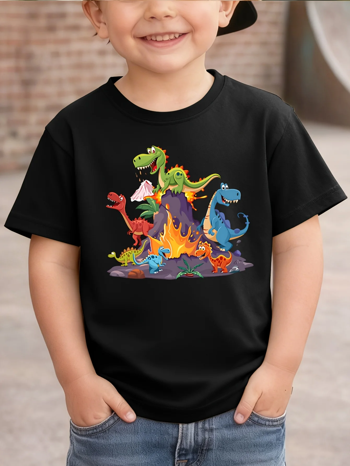 Volcano Dinosaur Group Tee Prehistoric Animal Print Boys Girls Family Matching Cotton Summer Short Sleeve Basic Children Tshirt