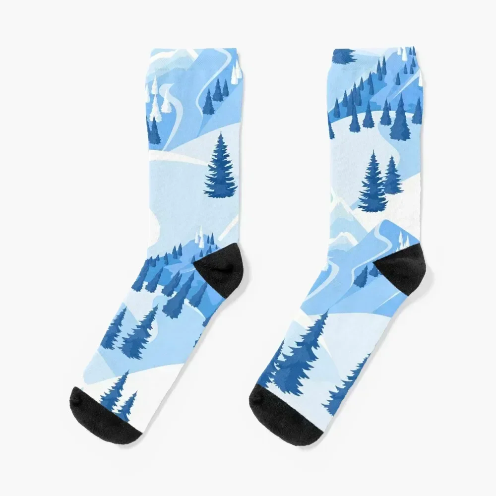 

Blue and White Winter Mountain Alps Ski Hill Landscape Socks japanese fashion designer brand gym Socks For Men Women's