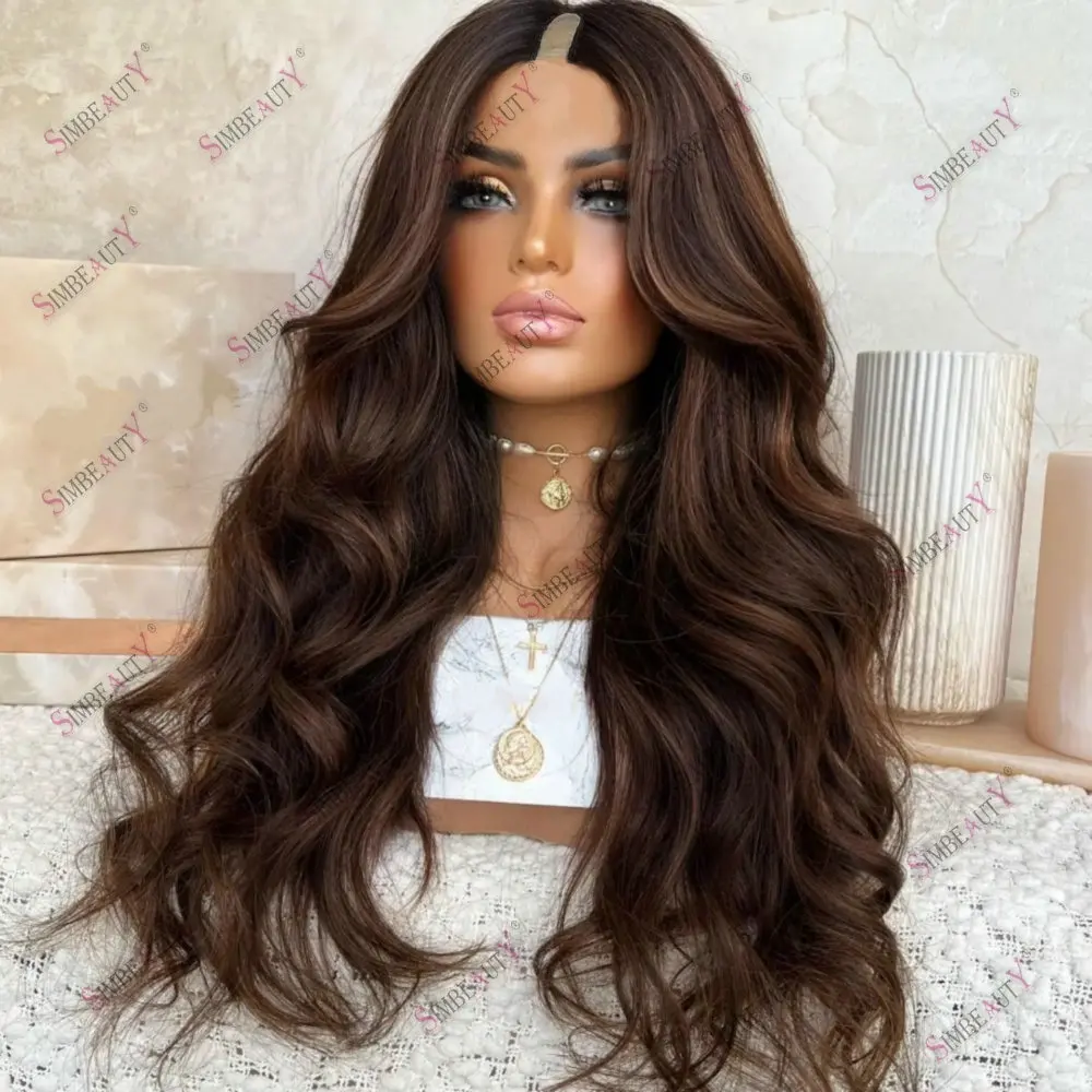 Hightlight Brown Body Wavy 1x4 Opening V Part Wig Human Hair for Women Glueless U Part Daily Wigs Remy Peruvian Hair With 6 Clip