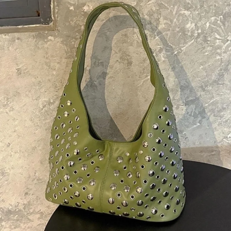 

Luxury Dot Rivet Underarm Bag Casual Soft Leather Bucket Storage Bag Lady Personality Trendy Cool Dot Rivet Underarm Bucket Bag
