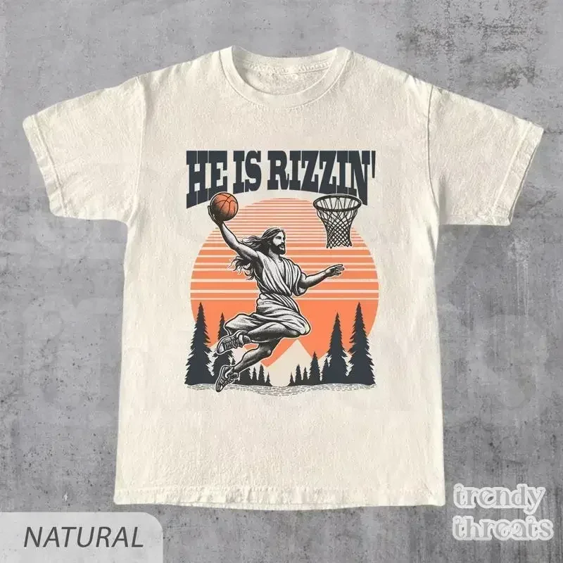 He Is Rizzin Funny T Shirt of Jesus Playing Basketball Vintage Faith Christian