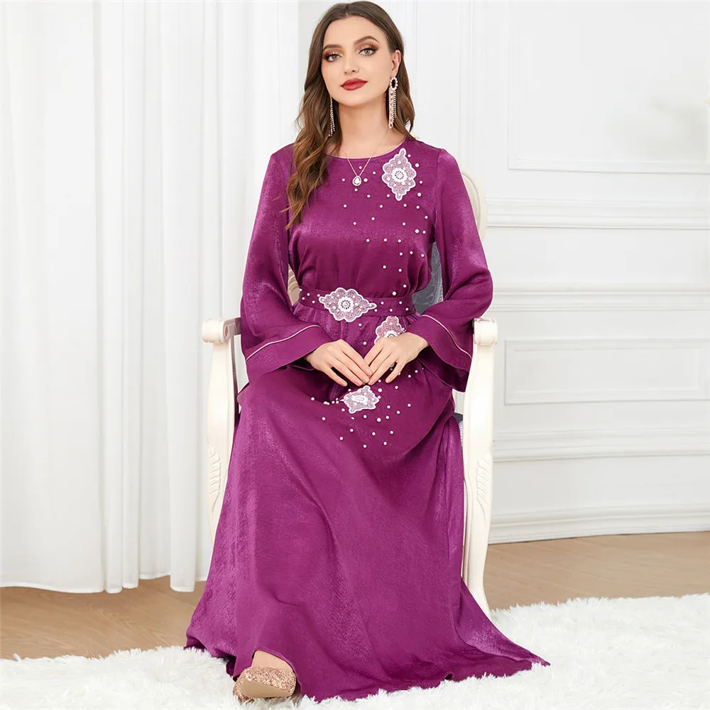 

Beaded Abaya Arabic Long Dress for Women Ramadan Eid Belted Elegant Muslim Moroccan Kaftan Dubai Gown Jalabiya Islamic Clothing