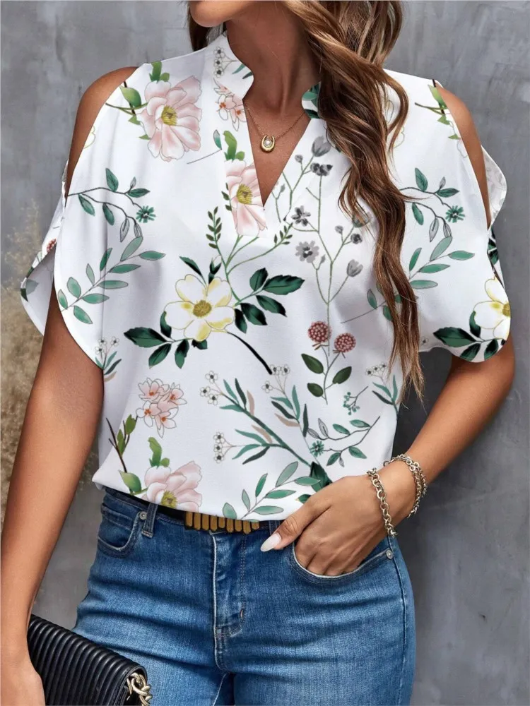 Sexy V Neck Short Sleeve Shirt Blouse Tops Office Lady Spring Summer Casual Loose Flower Print Tshirt For Women 2024 Female Tees