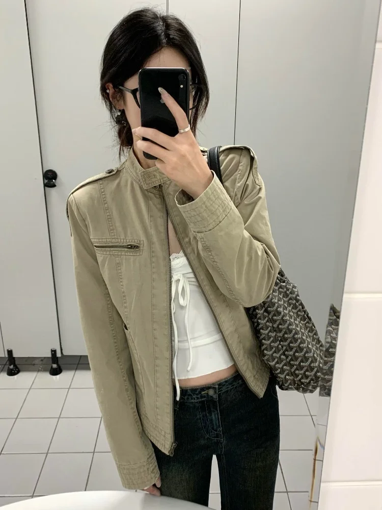 Women's Denim Jacket 2025 Autumn New Stand Collar Distressed Denim Jacket Retro Niche Design Regular Shoulder Jacket Top