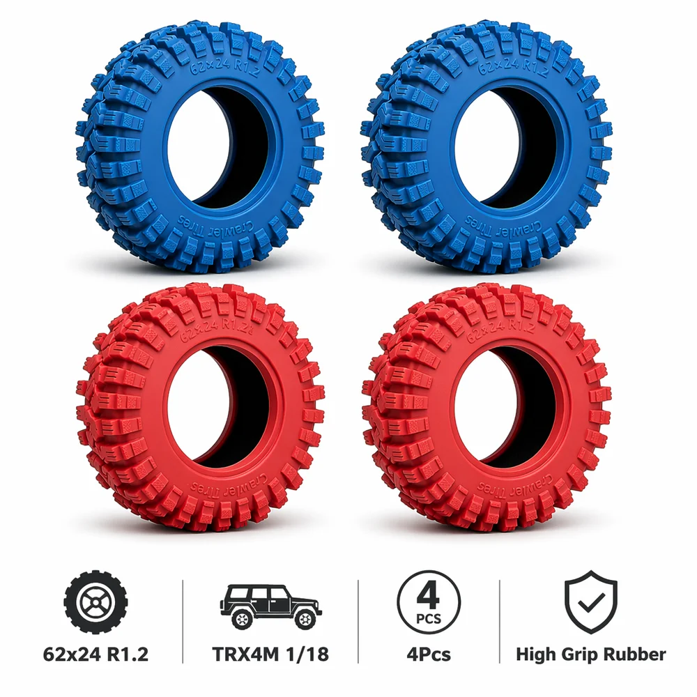 HFLRC 4Pcs 1.2 RC Crawler Tires 62x24mm R1.2 High Grip Rubber with Sponge Insert for TRX4M 1/18 Scale Blue Red Multi-Terrain