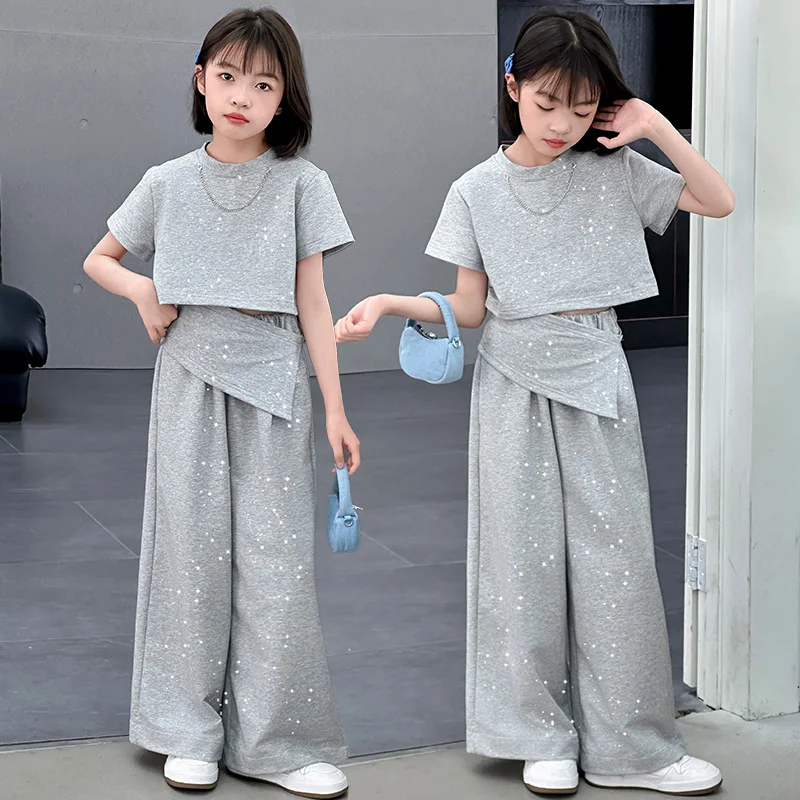 

Girls Casual Irregular Outfit Set Children Black Versatile Top + Casual Pants Set Two-Piece Sets 2025 Summer New