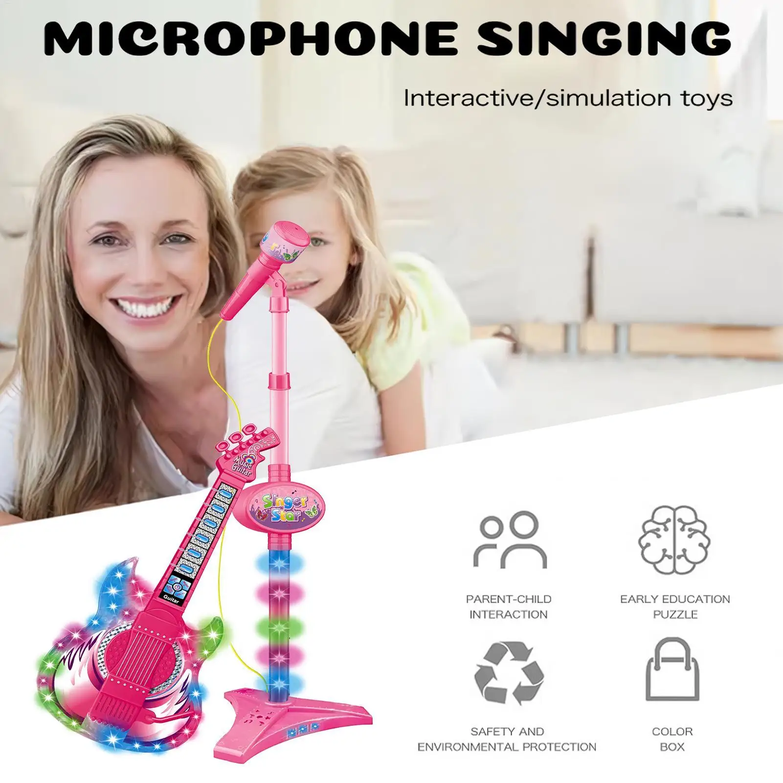 Kids Guitar Toy with Microphone on Stand Musical Instrument Set Colorful Light Early Learning Starter Kit Children Birthday Gift