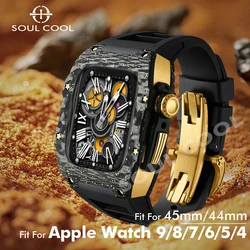 For Apple Watch 9 Luxury Gilding Carbon Fiber Mod Kit 8 7 6 5 SE 3 Fluororubber Strap for Iwatch 45mm 44mm case band Accessories