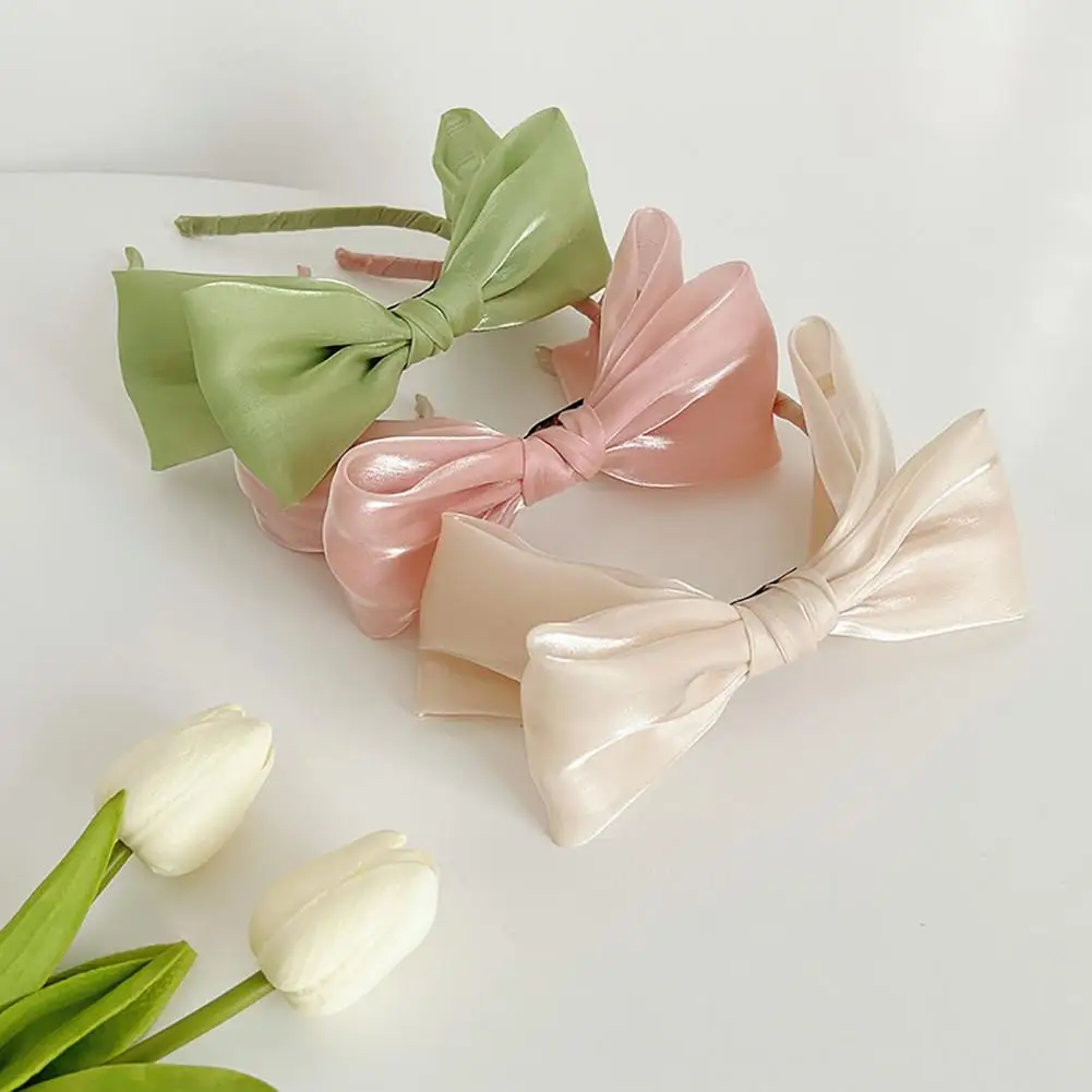 Elastic Bright Silk Hair Hoop Soft Fabric Fairy Headband Girl Solid Color Bowknot Decor Thin Headband Hair Accessories 머리띠