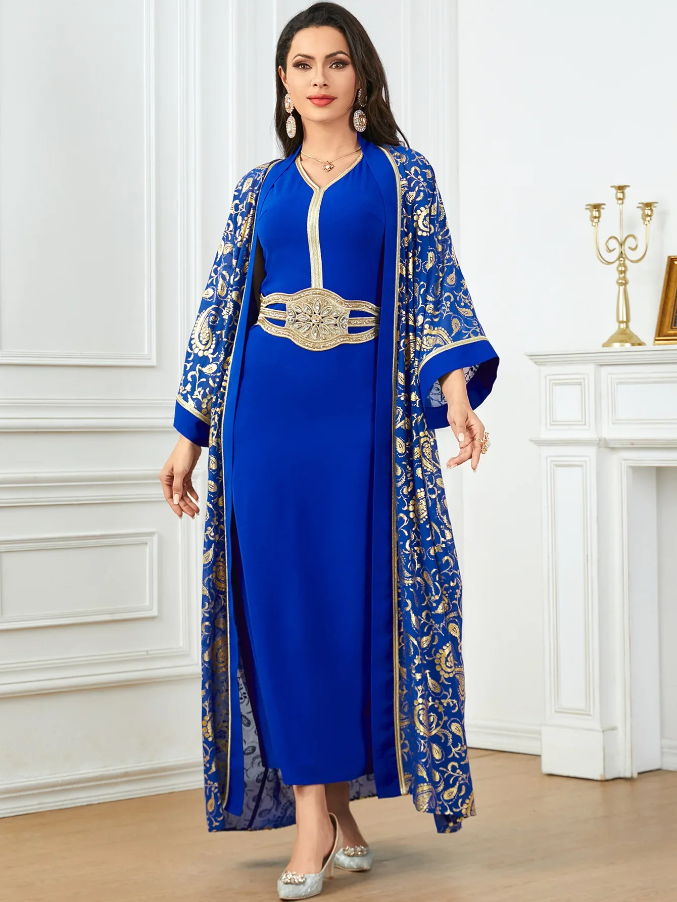 Eid Muslim Party Dress for Women Ramadan Abaya 2 Piece Set Long Robe Belt Morocco Kaftan Vestidos Largos Dubai Jalabiya 2024