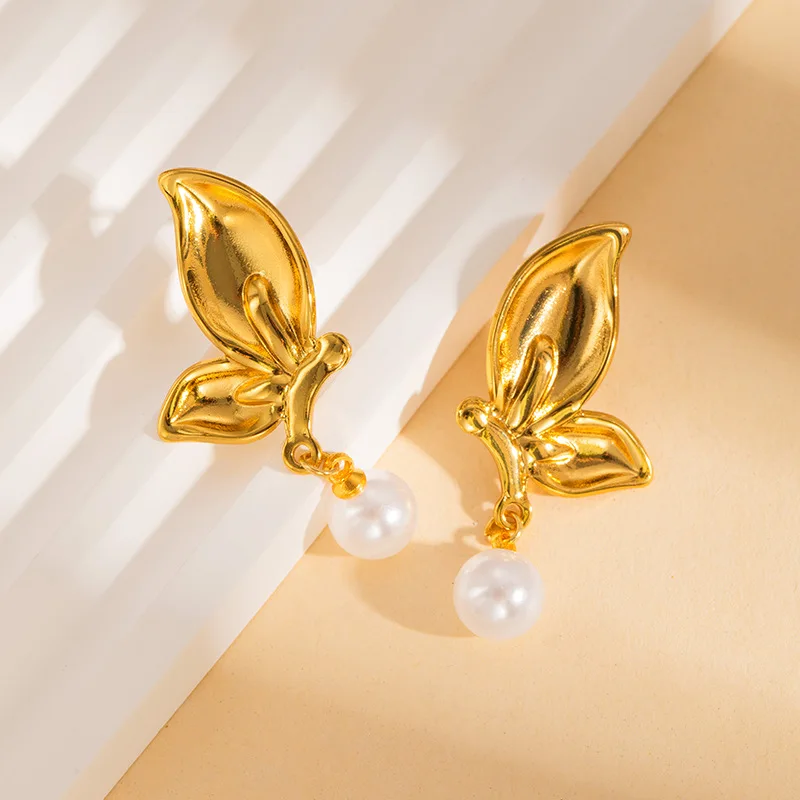 18K Gold Plated Stainless Steel Flower Butterfly Earrings, Two Tone Heart Fishtail Pearl Dangle, 3 Styles