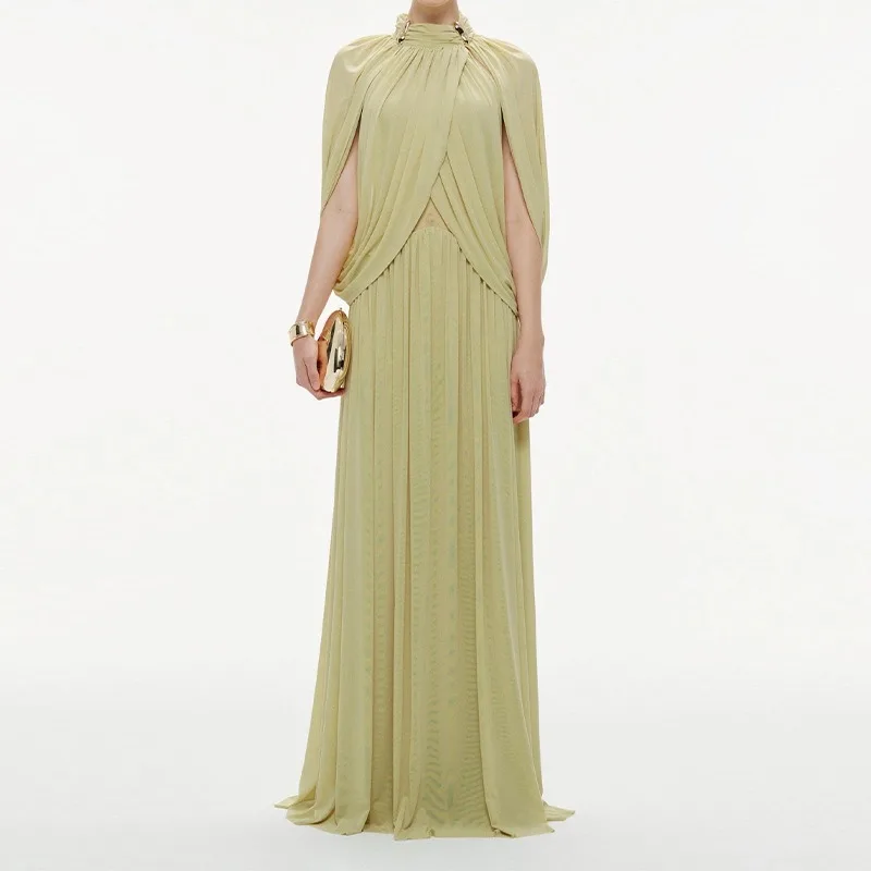 

Шикарное шифоновое плиссированное платье макси для женщин, элегантное, с рукавами-крылышками, воротником-стойкой, в стиле пэчворк, длинное, 2026, новое, для вечерних мероприятий и вечеринок