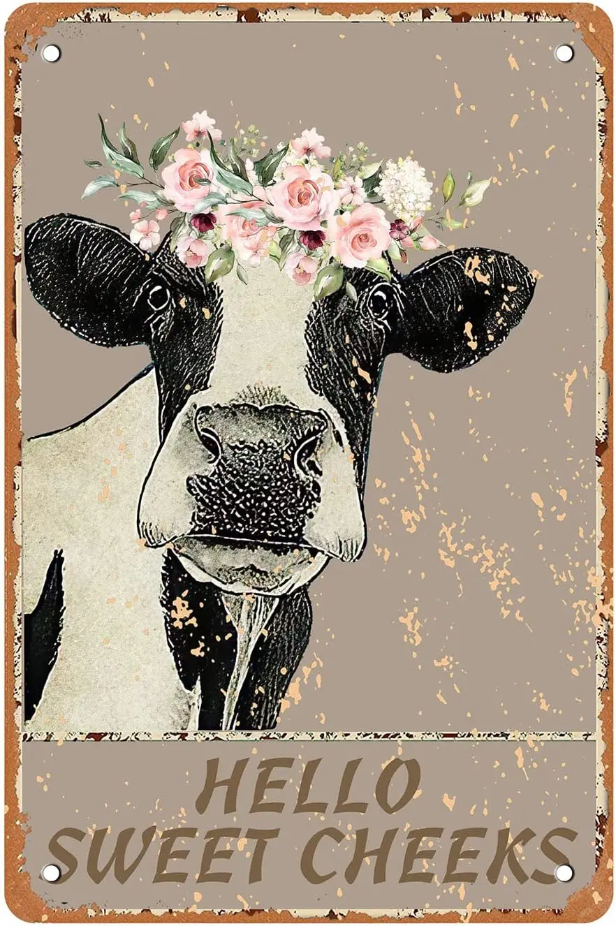 Sweet Cheeks Cow Wall Decor,Hello Decorative Tin Sign Funny,Cheeky Cow Vintage Retro Poster Paintings Color 8x12inches