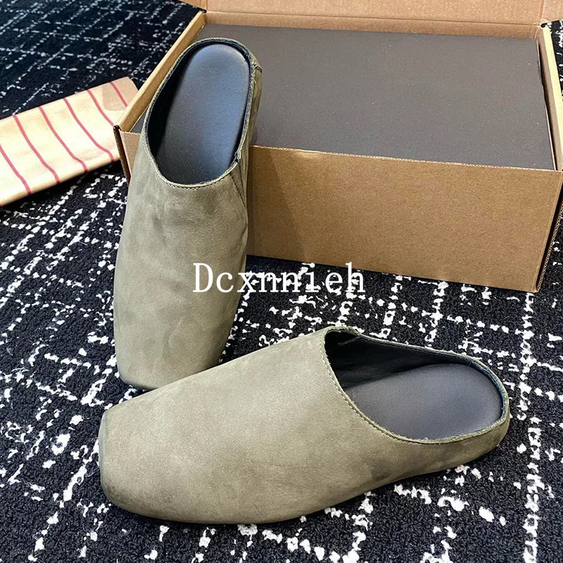 2024 Spring/Summer Vintage Genuine Leather Women's Flat Breathable Square toe Slippers Solid Color Comfortable Casual Shoes