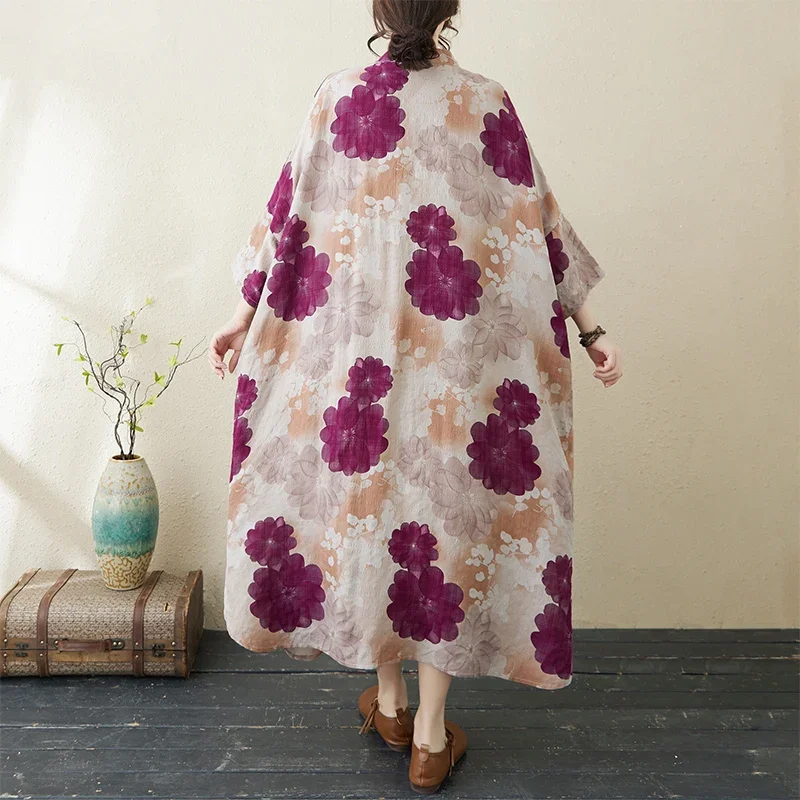 فستان نسائي جديد لربيع وصيف 2025 بتصميم فني عتيق من القطن والقنب مطبوع بياقة واقفة فستان فضفاض كبير للإجازات A400