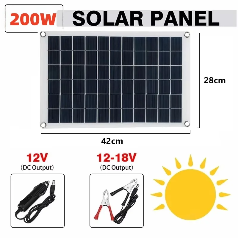 200W Solar Panel 12V/24V Controller Waterproof Portable DC Dual USB Solar Battery Charger Outdoor Camping Solar Battery Charging